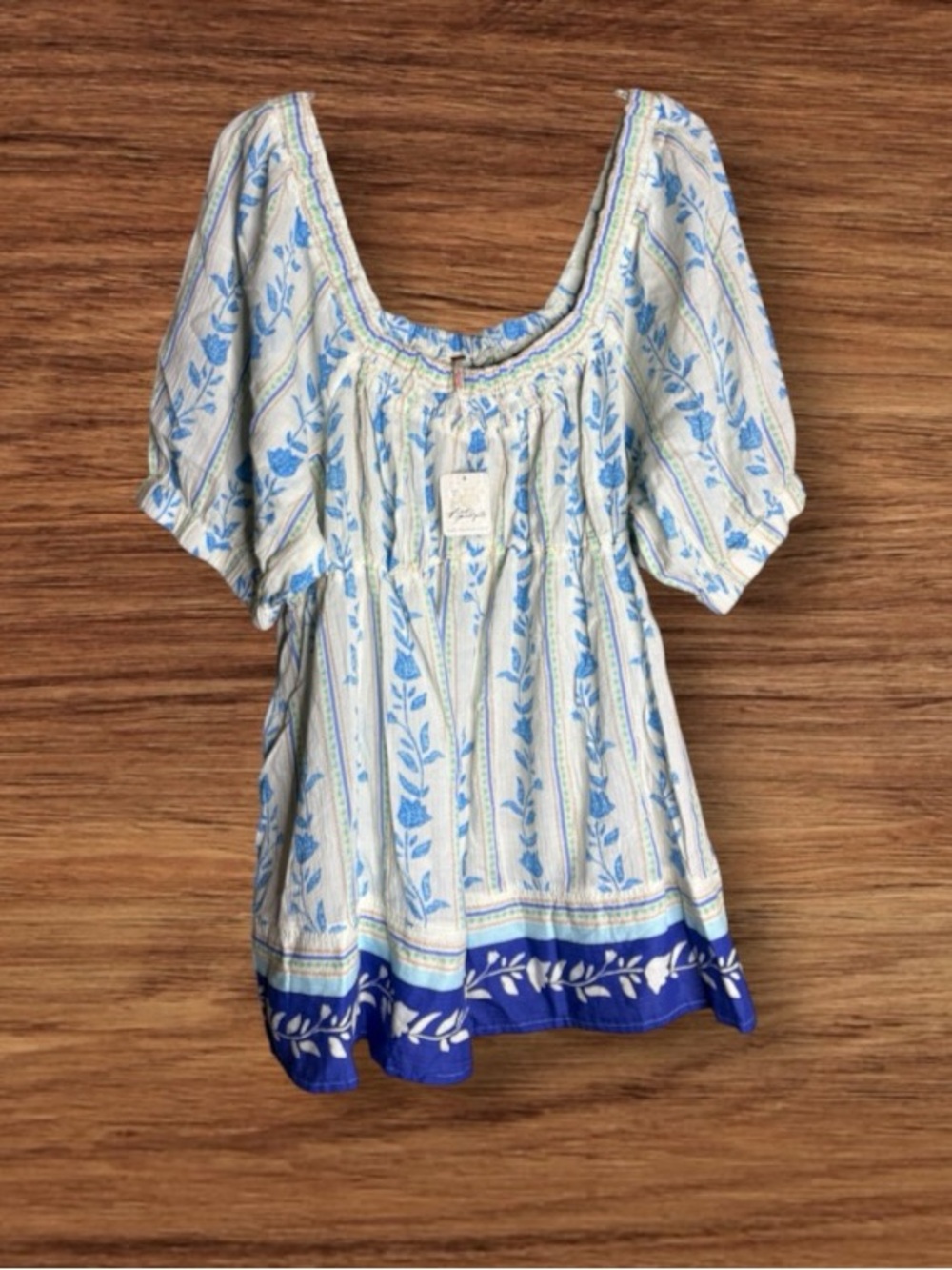 Free People Santorini Printed Tunic XL NWT Ivory Blue Floral Puff Sleeve